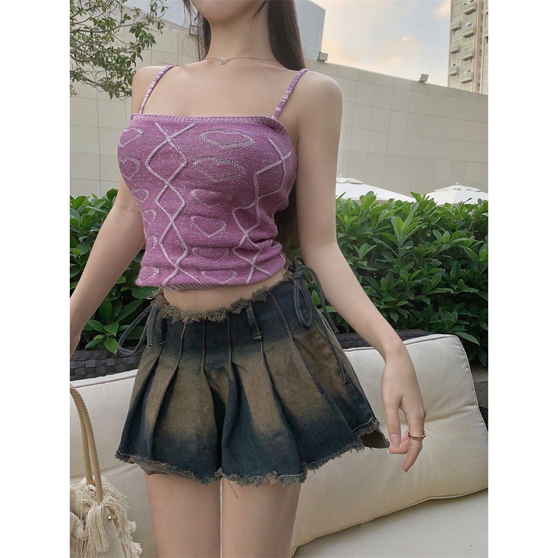 Jiashucheng Áo Hai Dây Ngắn Ôm Dáng Màu Tím Họa Tiết Trái Tim Phong Cách Mới Mùa Hè Quyến Rũ Cho Nữ