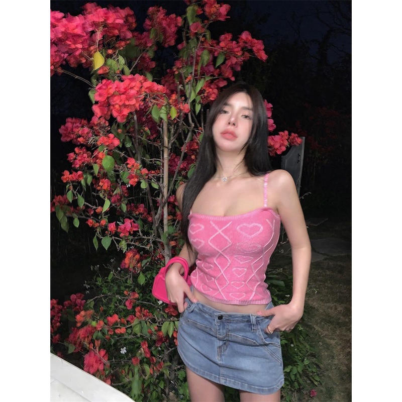 Jiashucheng Áo Hai Dây Ngắn Ôm Dáng Màu Tím Họa Tiết Trái Tim Phong Cách Mới Mùa Hè Quyến Rũ Cho Nữ