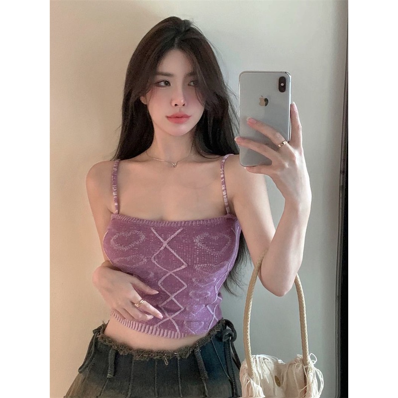 Jiashucheng Áo Hai Dây Ngắn Ôm Dáng Màu Tím Họa Tiết Trái Tim Phong Cách Mới Mùa Hè Quyến Rũ Cho Nữ