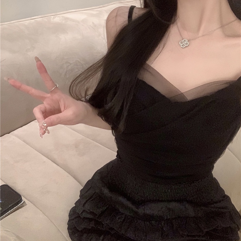 Jiashucheng Áo Lưới Ren Không Tay Phong Cách Hàn Quốc Cổ Điển Thời Trang Mùa Hè Hàng Mới Dành Cho Bạn Nữ