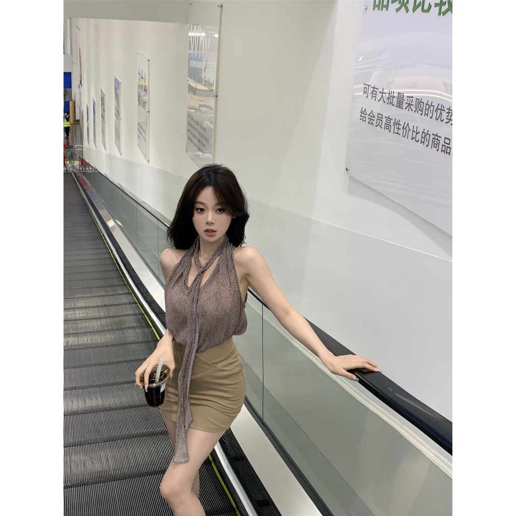 Jiashucheng Áo Hai Dây Cổ Chữ v Dáng Rộng Họa Tiết Kẻ Sọc Thời Trang Mùa Hè Quyến Rũ Cho Nữ