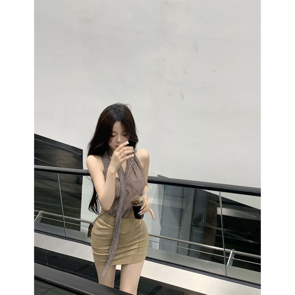 Jiashucheng Áo Hai Dây Cổ Chữ v Dáng Rộng Họa Tiết Kẻ Sọc Thời Trang Mùa Hè Quyến Rũ Cho Nữ