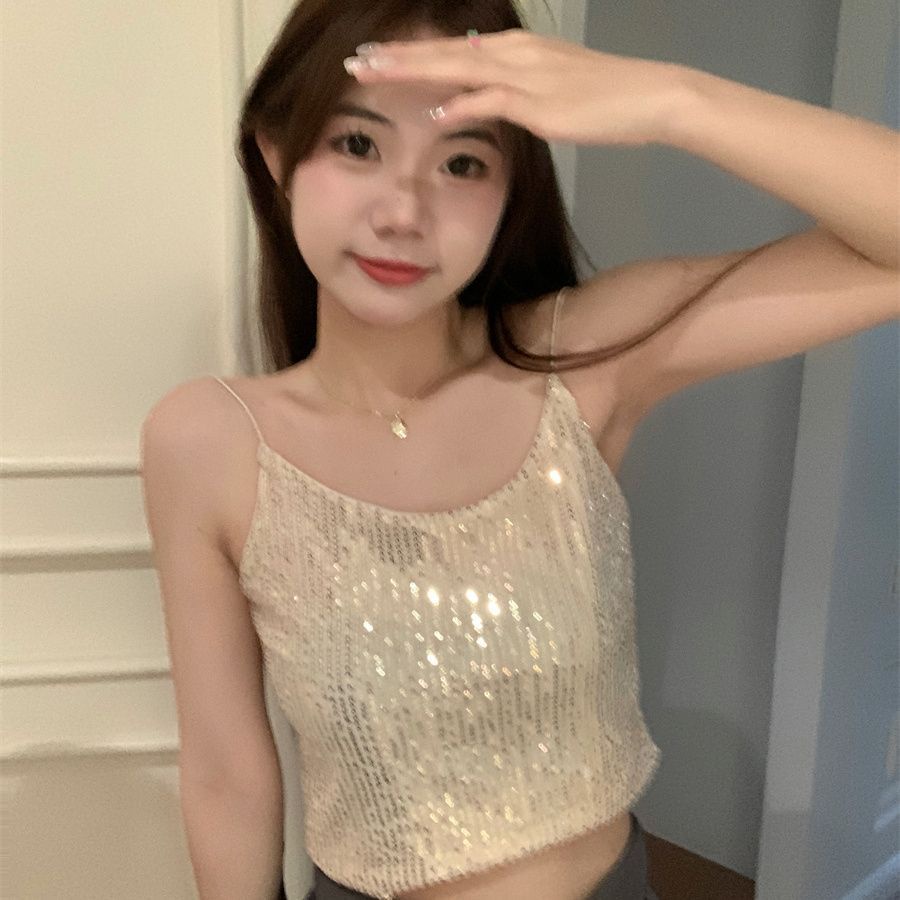 Jiashucheng Áo Hai Dây Ngắn Ôm Dáng Đính Kim Sa Lấp Lánh Phong Cách Mới Mùa Hè Cho Nữ