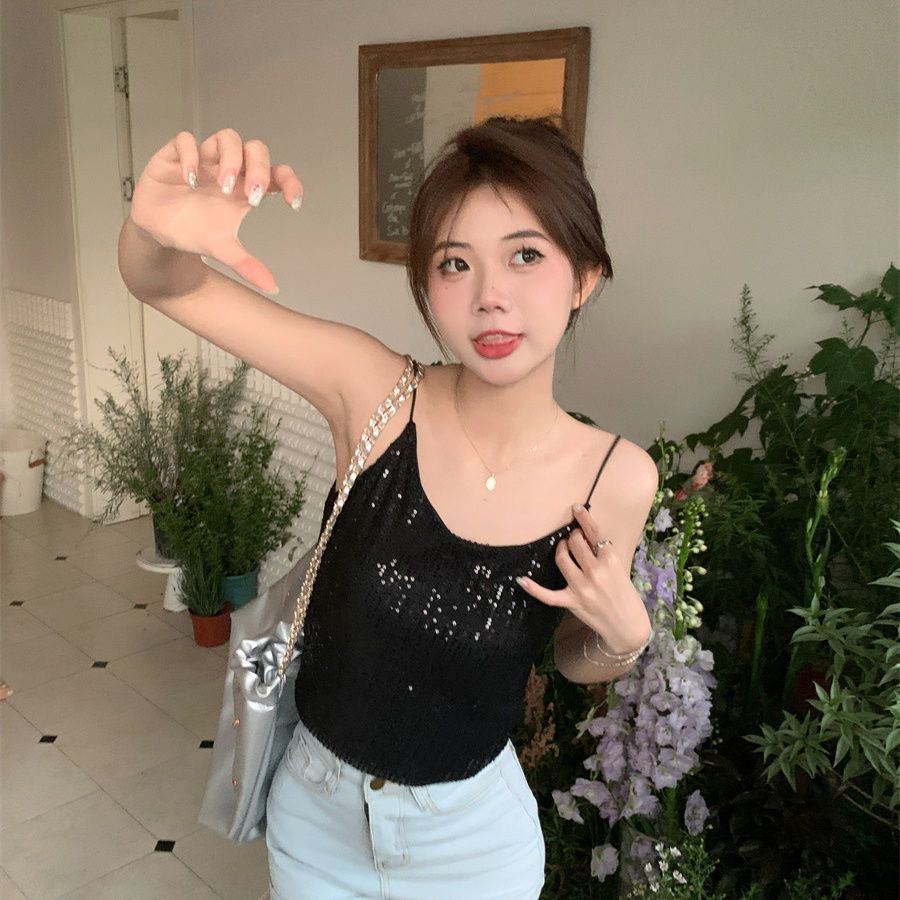 Jiashucheng Áo Hai Dây Ngắn Ôm Dáng Đính Kim Sa Lấp Lánh Phong Cách Mới Mùa Hè Cho Nữ