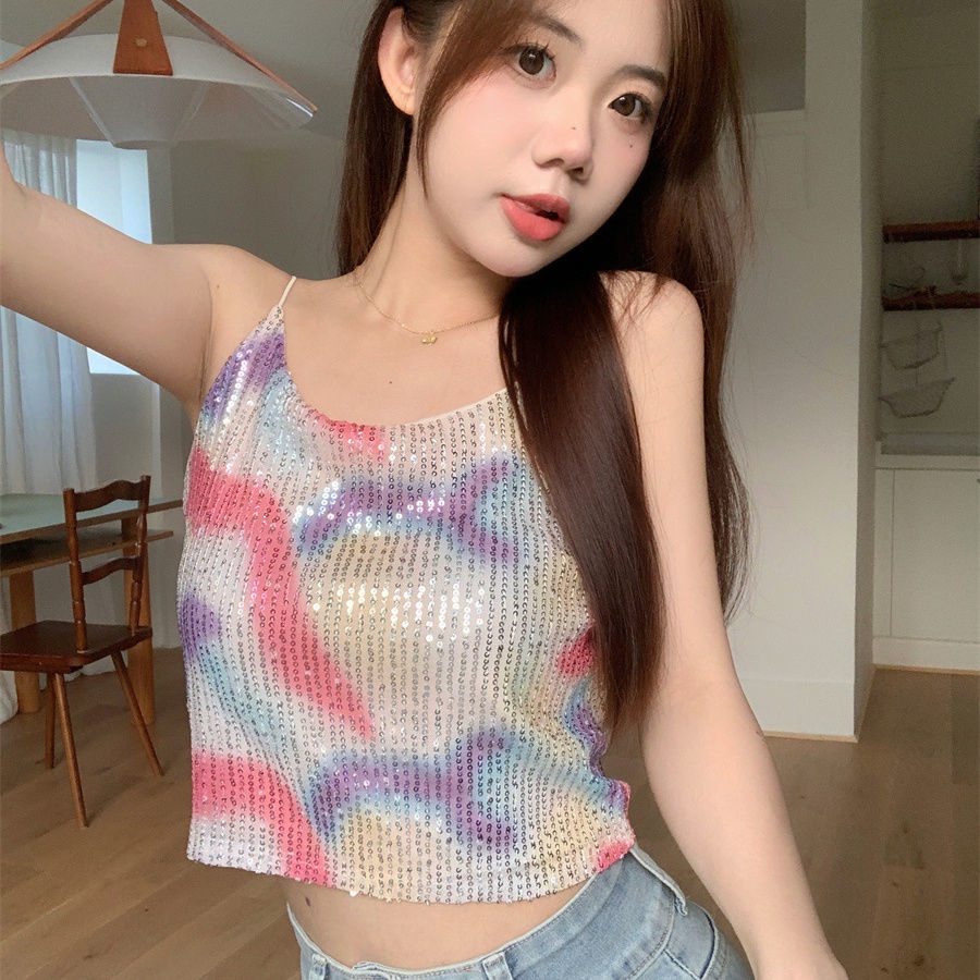 Jiashucheng Áo Hai Dây Ngắn Ôm Dáng Đính Kim Sa Lấp Lánh Phong Cách Mới Mùa Hè Cho Nữ