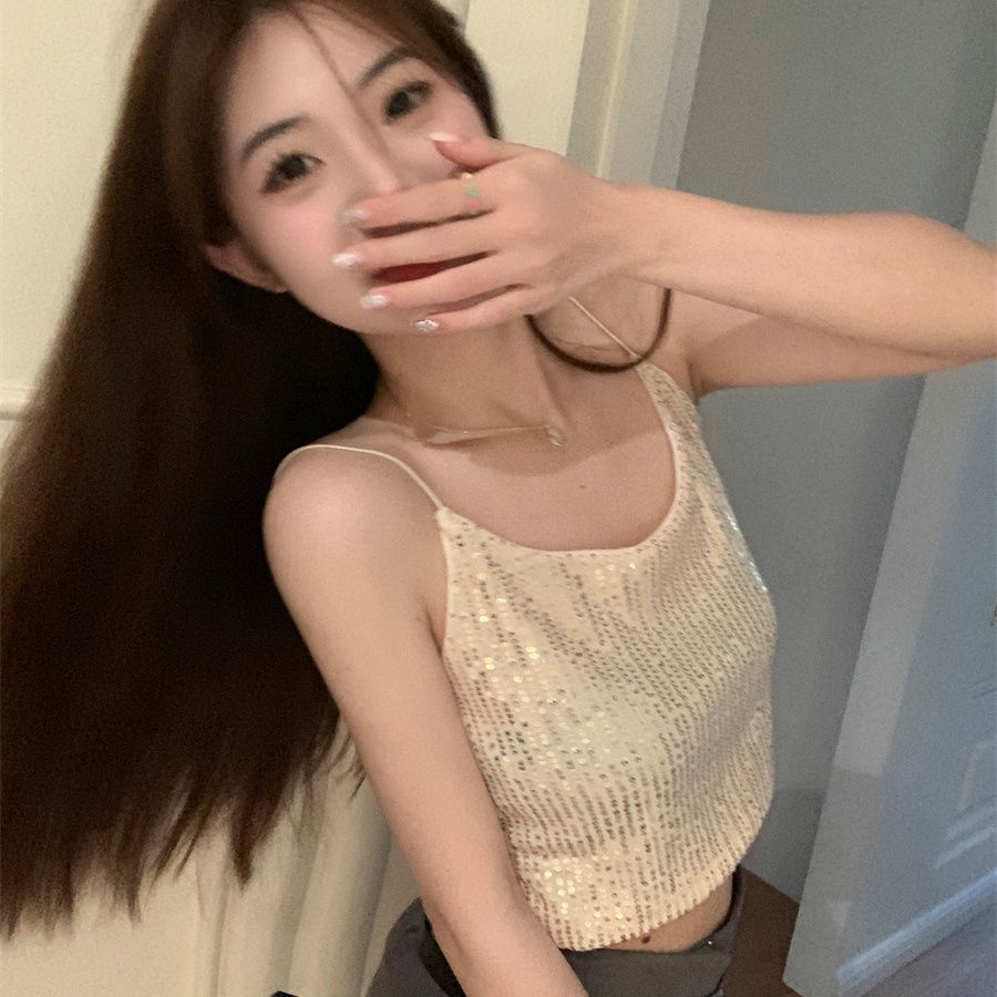 Jiashucheng Áo Hai Dây Ngắn Ôm Dáng Đính Kim Sa Lấp Lánh Phong Cách Mới Mùa Hè Cho Nữ