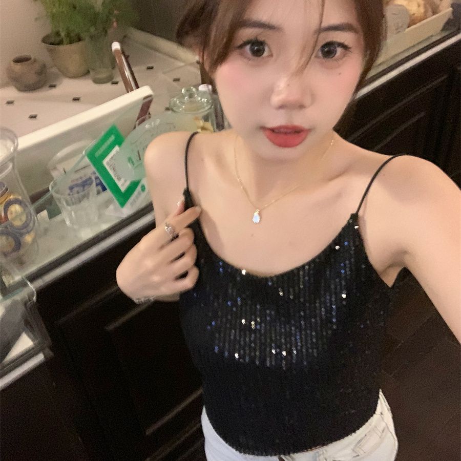 Jiashucheng Áo Hai Dây Ngắn Ôm Dáng Đính Kim Sa Lấp Lánh Phong Cách Mới Mùa Hè Cho Nữ