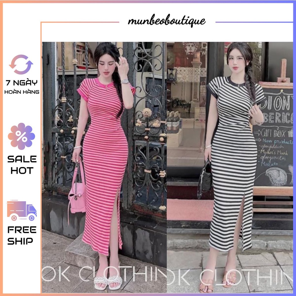 Đầm body phom dài sọc ngang xẻ đùi vải thun gân co giãn MBB60
