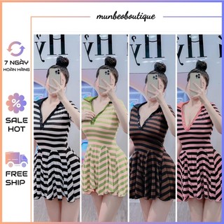 Đầm sọc ngang cổ trụ phom ngắn xoè có lót vải thun gân co giãn MBB80