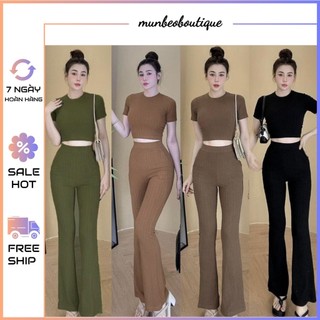 Set bộ áo crop top tay ngắn kèm quần dài ống loe chất thun gân xương cá co giãn MBB80