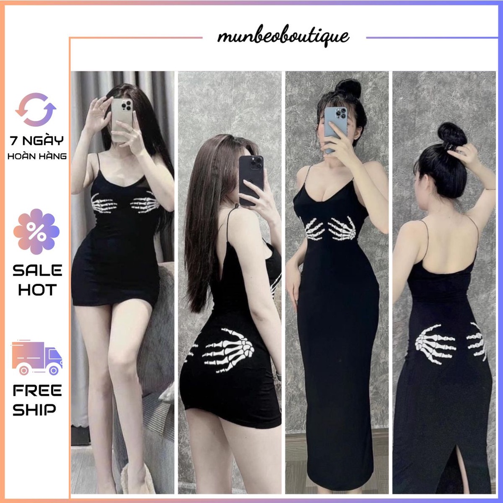 Đầm body 2 dây in hình tay có mút chất thun borip MBB65