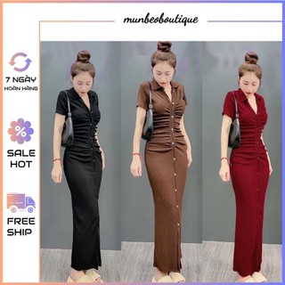 Đầm cổ trụ phom dài nút cài trước chất thun gân co giãn MBB75