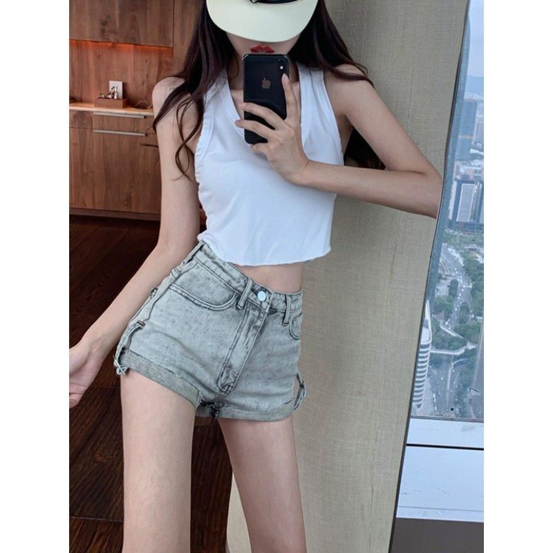 Jiashucheng Quần Short Denim Lưng Cao Thêu Họa Tiết Nhỏ Màu Xám Nhạt Thời Trang Mùa Hè Cho Nữ