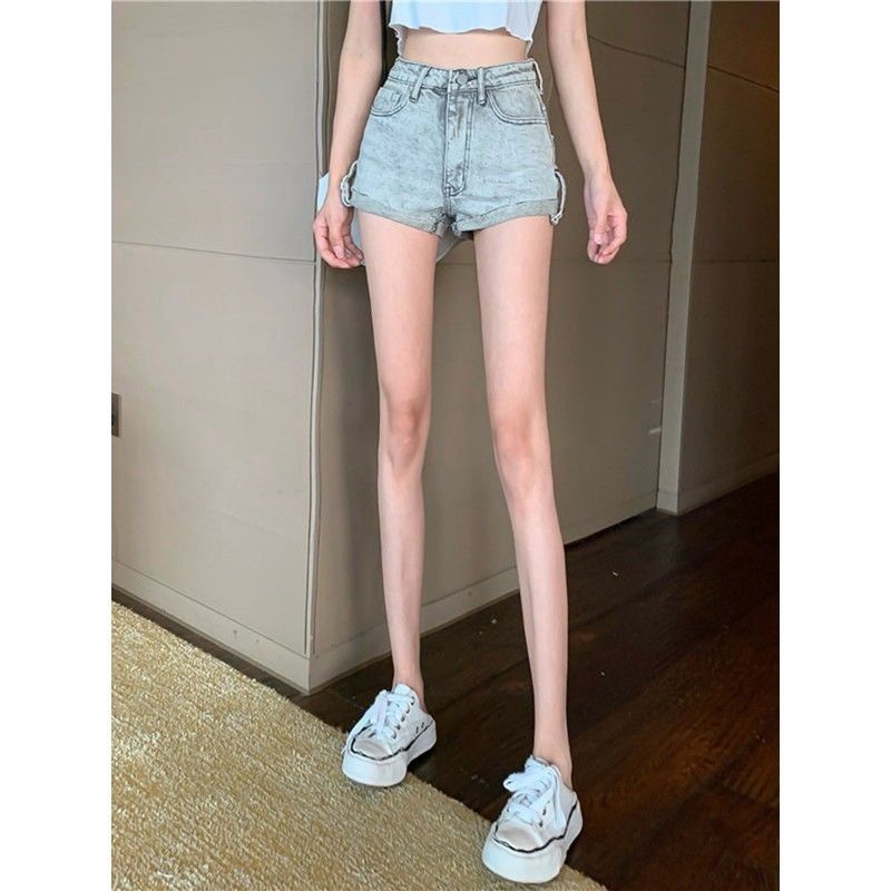Jiashucheng Quần Short Denim Lưng Cao Thêu Họa Tiết Nhỏ Màu Xám Nhạt Thời Trang Mùa Hè Cho Nữ