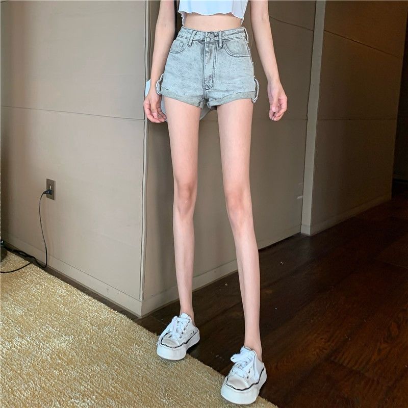 Jiashucheng Quần Short Denim Lưng Cao Thêu Họa Tiết Nhỏ Màu Xám Nhạt Thời Trang Mùa Hè Cho Nữ