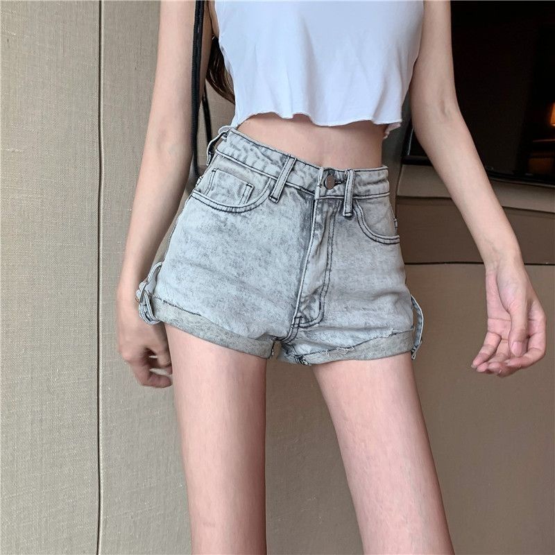 Jiashucheng Quần Short Denim Lưng Cao Thêu Họa Tiết Nhỏ Màu Xám Nhạt Thời Trang Mùa Hè Cho Nữ