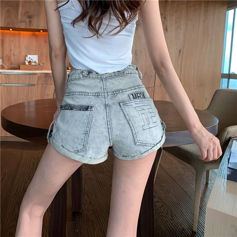 Jiashucheng Quần Short Denim Lưng Cao Thêu Họa Tiết Nhỏ Màu Xám Nhạt Thời Trang Mùa Hè Cho Nữ