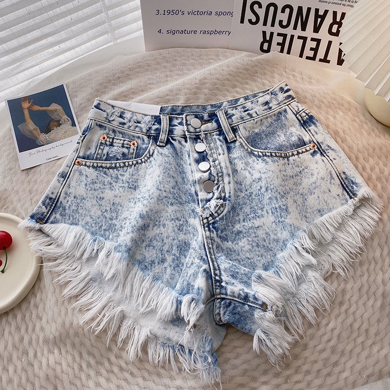 Jiashucheng Quần Short Denim Viền Tua Rua Siêu Ngắn Lưng Cao Màu Gradient Phong Cách Hàn Quốc Mùa Hè Cho Nữ