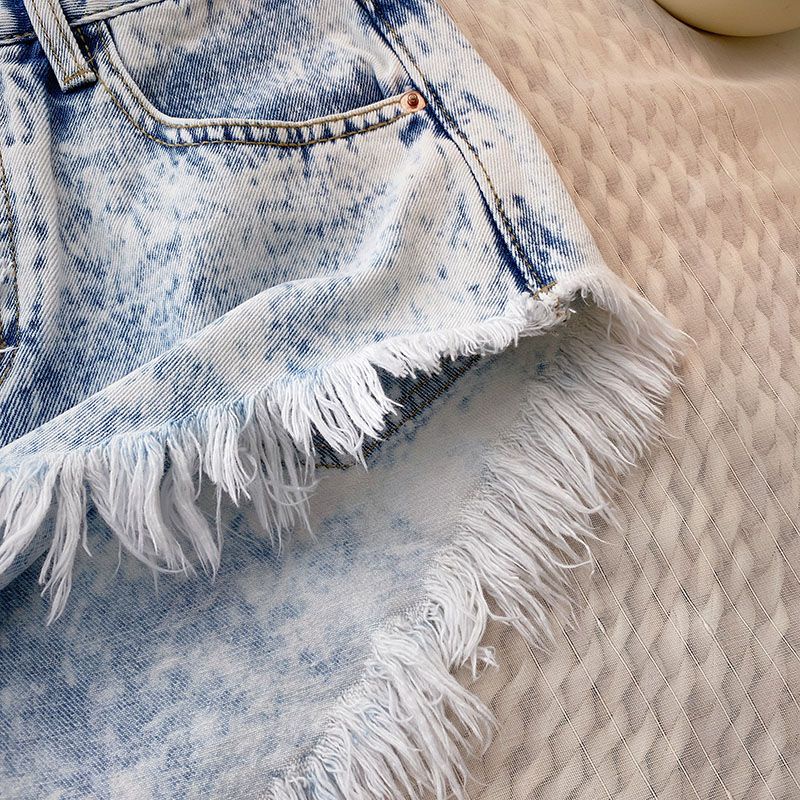 Jiashucheng Quần Short Denim Viền Tua Rua Siêu Ngắn Lưng Cao Màu Gradient Phong Cách Hàn Quốc Mùa Hè Cho Nữ