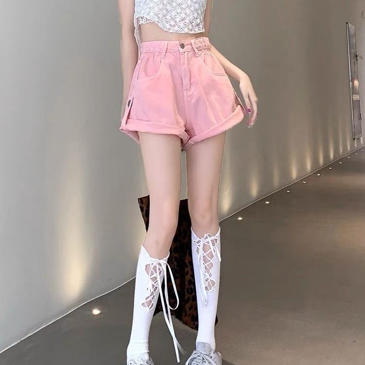 Jiashucheng Quần Short Denim Dáng Chữ a Ống Rộng Lưng Cao Màu Hồng Thời Trang Mùa Hè Kích Thước Lớn Cho Nữ