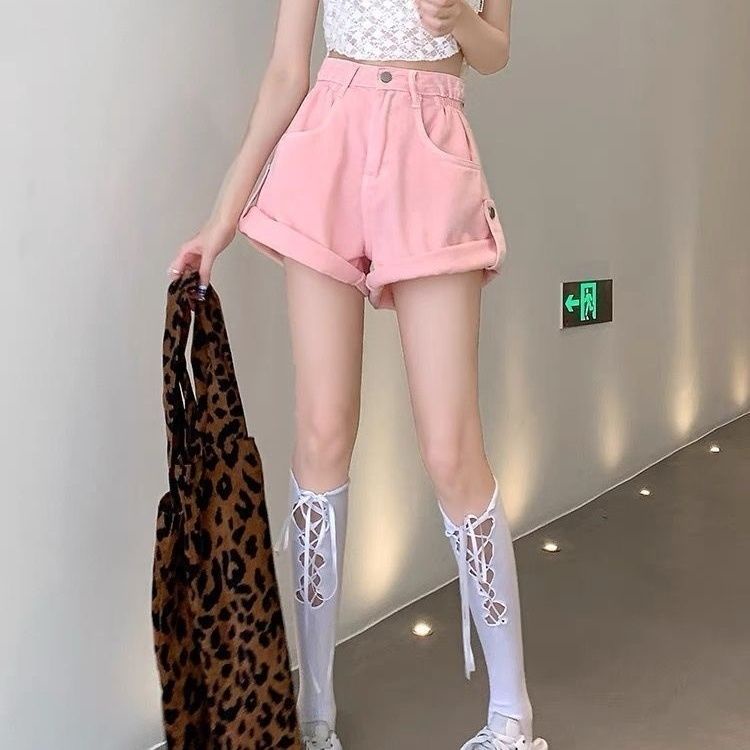 Jiashucheng Quần Short Denim Dáng Chữ a Ống Rộng Lưng Cao Màu Hồng Thời Trang Mùa Hè Kích Thước Lớn Cho Nữ