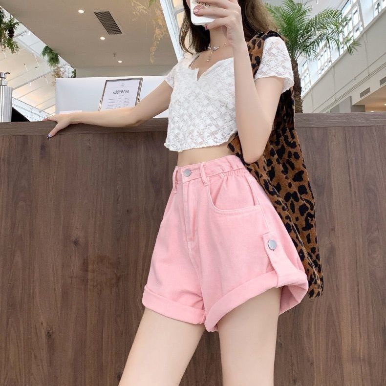 Jiashucheng Quần Short Denim Dáng Chữ a Ống Rộng Lưng Cao Màu Hồng Thời Trang Mùa Hè Kích Thước Lớn Cho Nữ