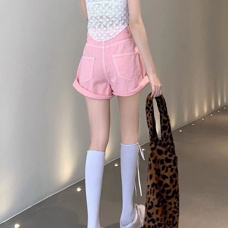 Jiashucheng Quần Short Denim Dáng Chữ a Ống Rộng Lưng Cao Màu Hồng Thời Trang Mùa Hè Kích Thước Lớn Cho Nữ