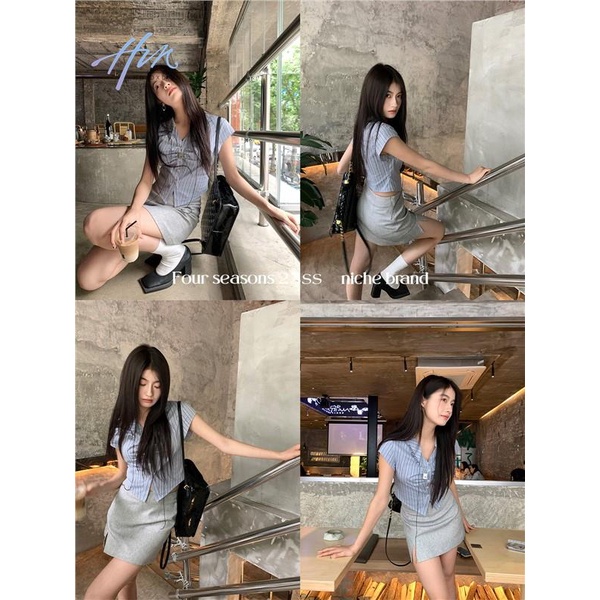 Áo Sơ Mi Ngắn Xếp Ly Họa Tiết Kẻ Sọc Thời Trang Mùa Hè Cho Nữ