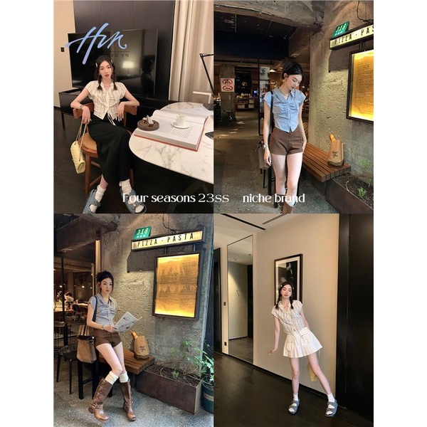 Áo Sơ Mi Ngắn Xếp Ly Họa Tiết Kẻ Sọc Thời Trang Mùa Hè Cho Nữ