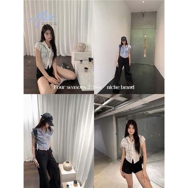 Áo Sơ Mi Ngắn Xếp Ly Họa Tiết Kẻ Sọc Thời Trang Mùa Hè Cho Nữ