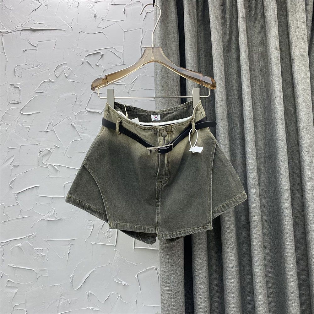 Jiashucheng Quần Short Denim Giả Váy Chữ a Lưng Cao Dáng Rộng Màu Gradient Thời Trang Mùa Hè Nóng Bỏng Dành Cho Bạn Nữ