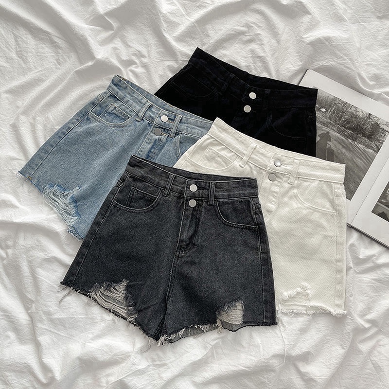 Jiashucheng Quần Short Denim Rách Dáng Rộng Eo Cao Phong Cách Hàn Quốc Thời Trang Xuân Hè Mới Dành Cho Bạn Nữ