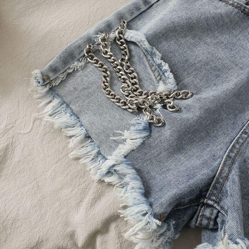 Jiashucheng Quần Short Dáng Chữ a Lưng Cao Rách Phối Dây Xích Trang Trí Quần Short Mỏng Cỡ Lớn Thời Trang Mùa Hè