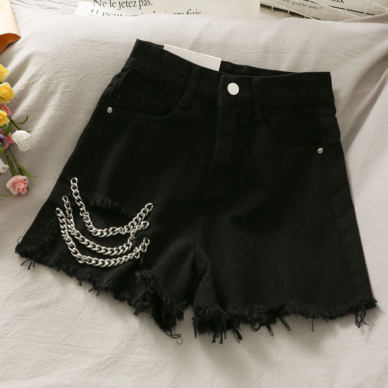 Jiashucheng Quần Short Dáng Chữ a Lưng Cao Rách Phối Dây Xích Trang Trí Quần Short Mỏng Cỡ Lớn Thời Trang Mùa Hè