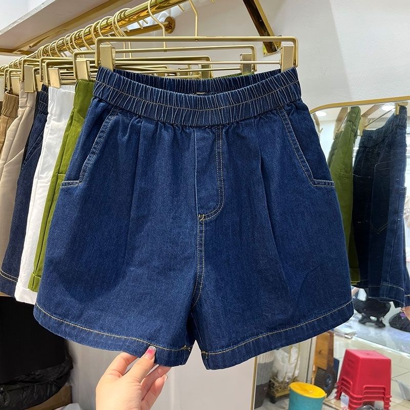 Quần Yếm Denim Ngắn Dáng Chữ a Lưng Cao Co Giãn Màu Xanh Dương Đậm Thời Trang Mùa Hè Cho Nữ