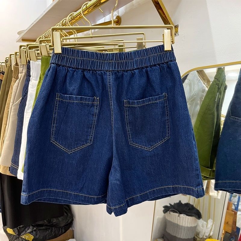 Quần Yếm Denim Ngắn Dáng Chữ a Lưng Cao Co Giãn Màu Xanh Dương Đậm Thời Trang Mùa Hè Cho Nữ