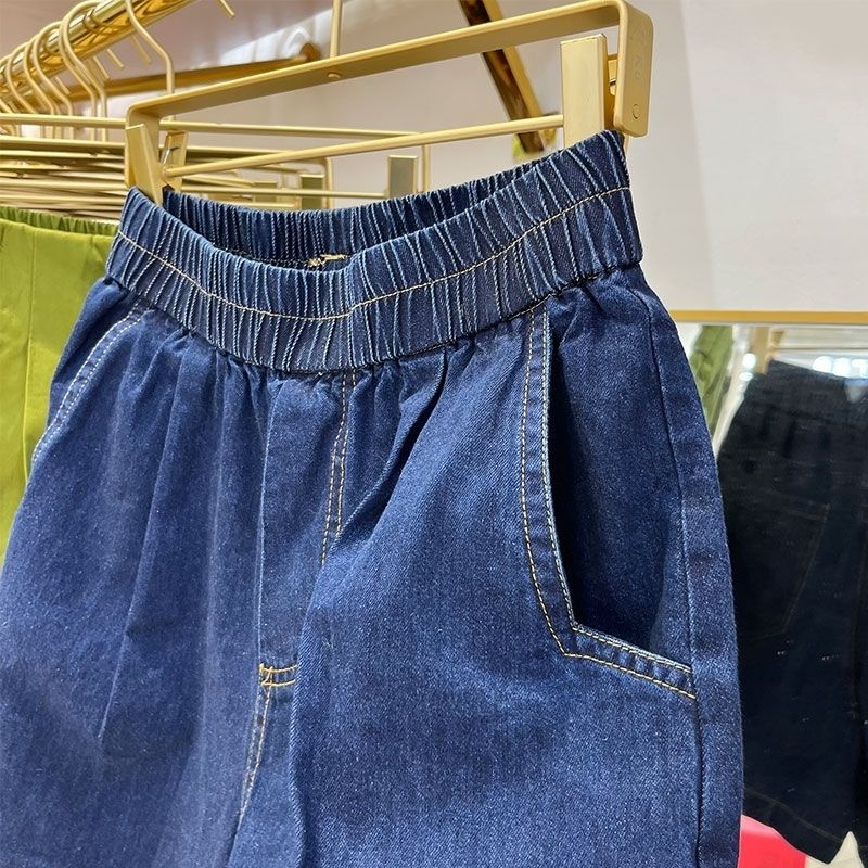 Quần Yếm Denim Ngắn Dáng Chữ a Lưng Cao Co Giãn Màu Xanh Dương Đậm Thời Trang Mùa Hè Cho Nữ
