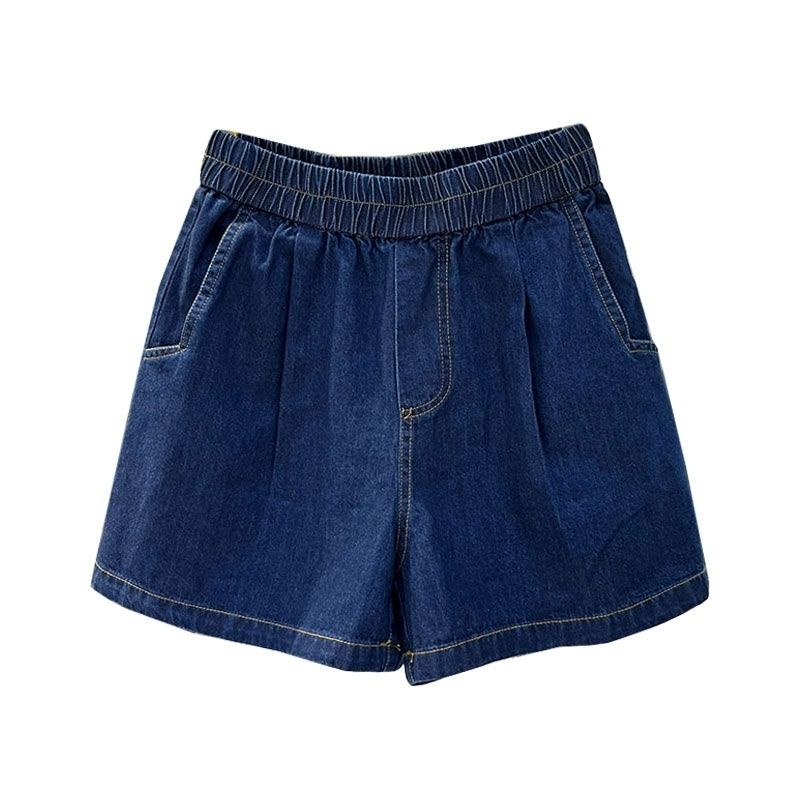 Quần Yếm Denim Ngắn Dáng Chữ a Lưng Cao Co Giãn Màu Xanh Dương Đậm Thời Trang Mùa Hè Cho Nữ