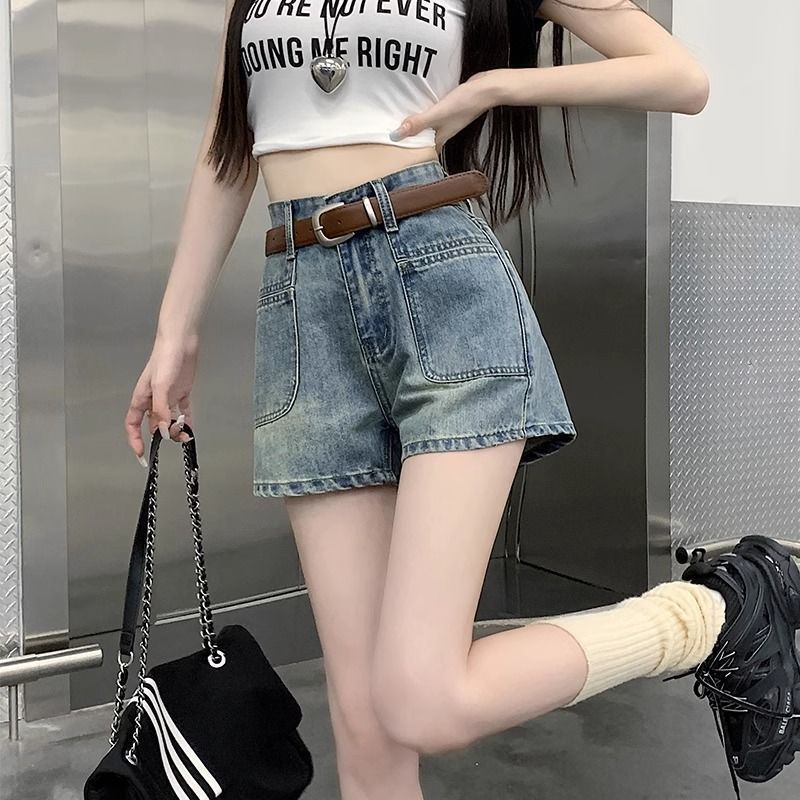 Jiashucheng Quần Short Denim Chữ a Ống Rộng Lưng Cao Phong Cách Mới Mùa Hè Dành Cho Nữ Sinh