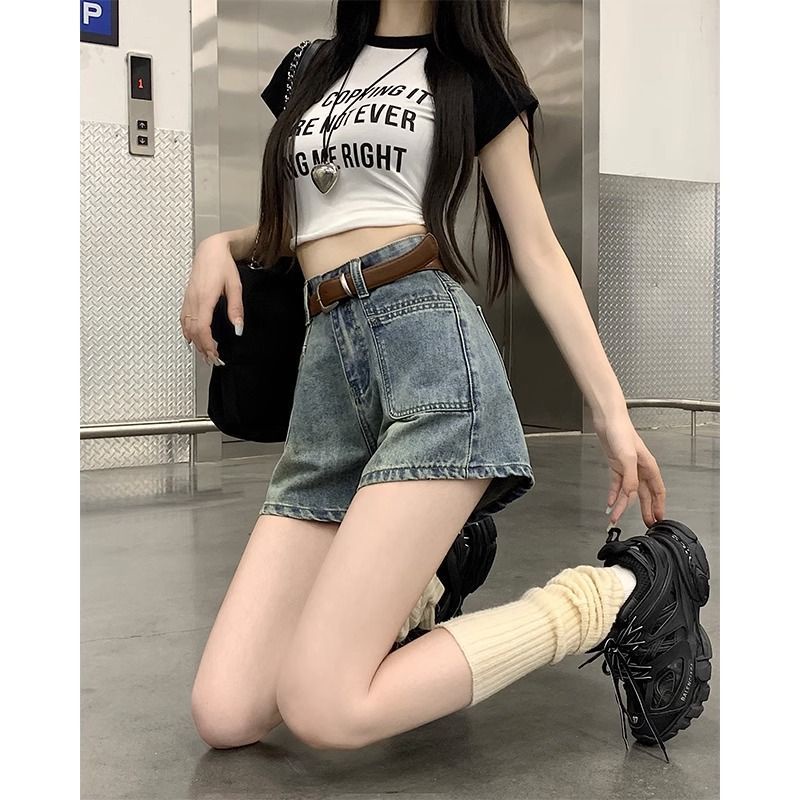 Jiashucheng Quần Short Denim Chữ a Ống Rộng Lưng Cao Phong Cách Mới Mùa Hè Dành Cho Nữ Sinh