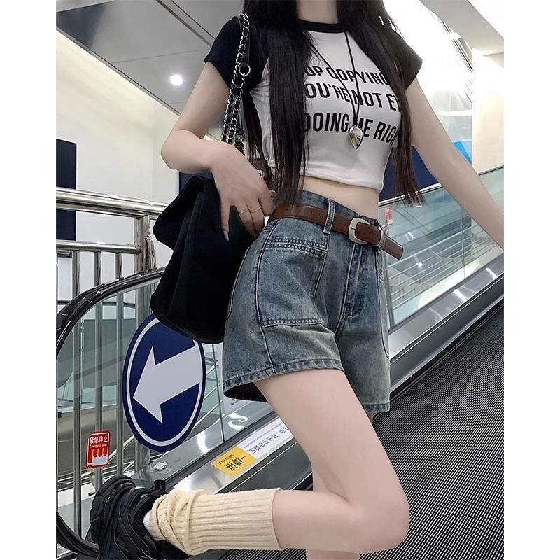Jiashucheng Quần Short Denim Chữ a Ống Rộng Lưng Cao Phong Cách Mới Mùa Hè Dành Cho Nữ Sinh
