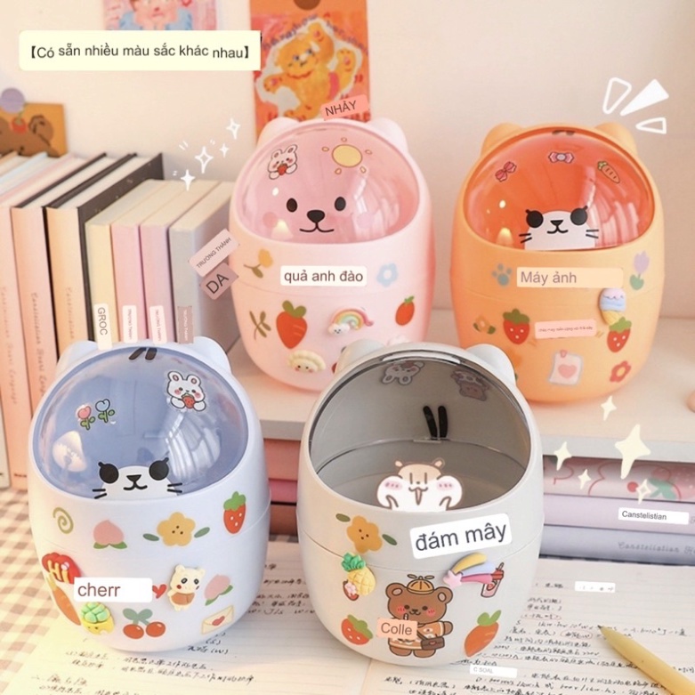 Thùng rác mini có nắp hình Gấu có thể đựng bút phụ kiện đa năng nhỏ gọn không chiếm diện tích (tuyển sỉ)