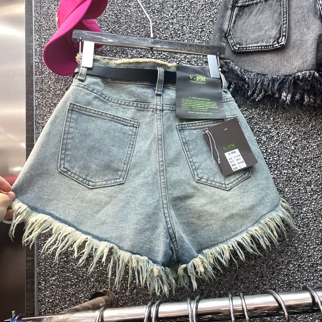 Jiashucheng Quần Short Denim Tua Rua Dáng Chữ a Lưng Cao Phong Cách Mùa Hè Mới Ngọt Ngào Cho Nữ