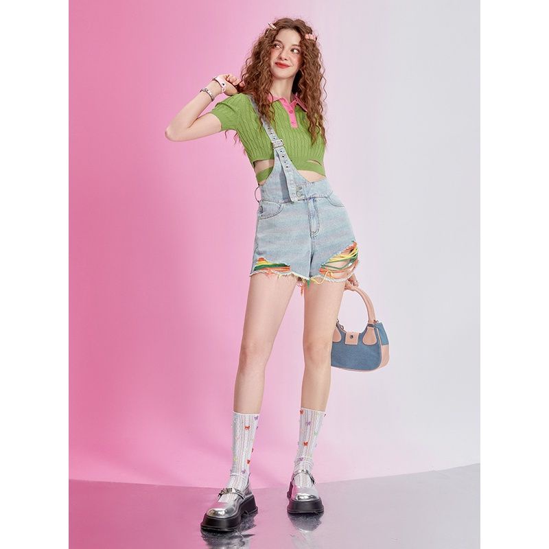 Jiashucheng Quần Yếm Ngắn Thẳng Eo Cao Thiết Kế Mới Thời Trang Mùa Hè Phong Cách Hàn Quốc Dễ Phối Đồ