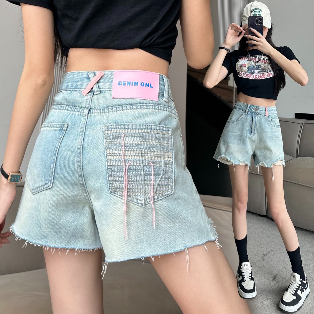 Jiashucheng Quần Short Denim Rách Lưng Cao Dáng Chữ a Mỏng Ống Rộng Phong Cách Mới Mùa Hè Dành Cho Bạn Nữ