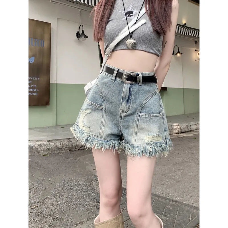 Jiashucheng Raw Quần Short Denim Chữ a Lưng Cao Viền Tua Rua Phong Cách Mới Mùa Hè