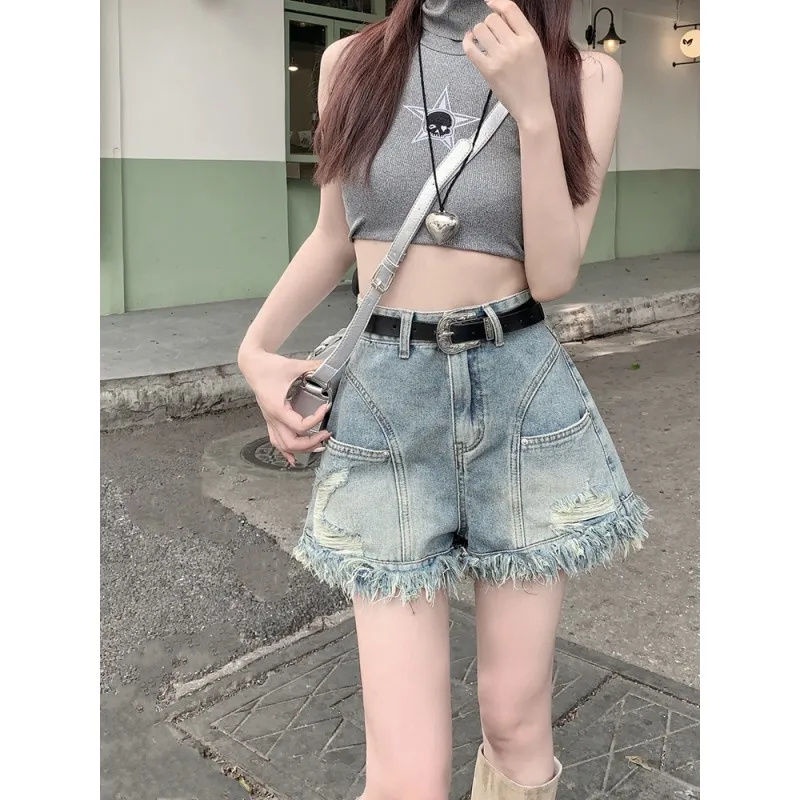 Jiashucheng Raw Quần Short Denim Chữ a Lưng Cao Viền Tua Rua Phong Cách Mới Mùa Hè