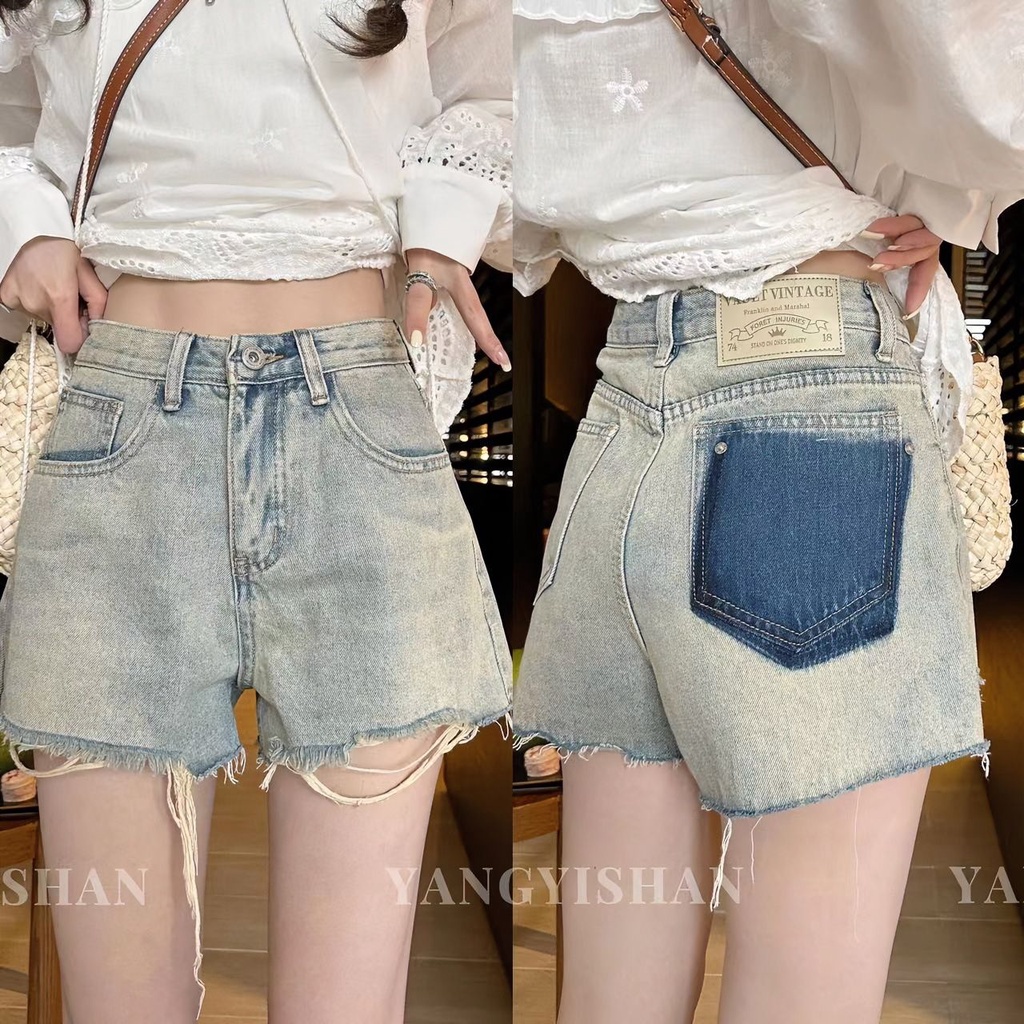 Jiashucheng Quần Short Denim Có Túi Phối Màu Tương Phản Dễ Phối Đồ Thời Trang Mùa Hè Cho Nữ