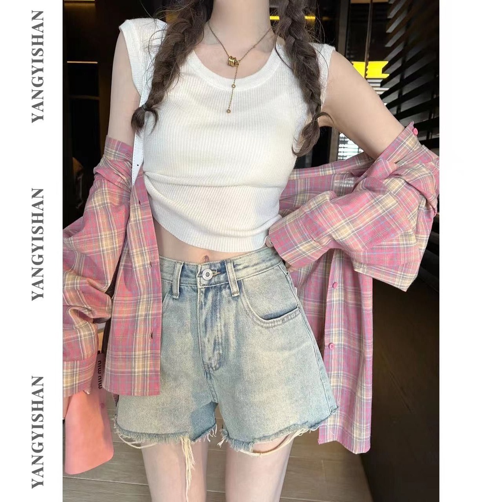 Jiashucheng Quần Short Denim Có Túi Phối Màu Tương Phản Dễ Phối Đồ Thời Trang Mùa Hè Cho Nữ