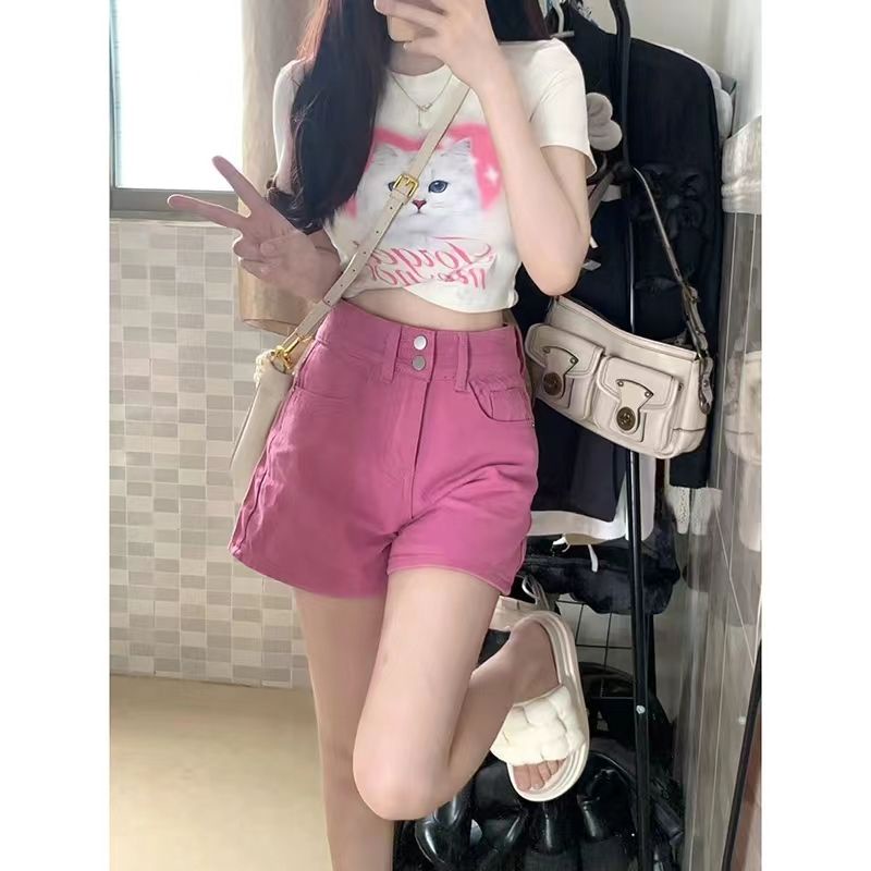 Quần Short Denim Màu Hồng Lưng Cao Dáng Rộng Thời Trang Mùa Hè Mới Cho Nữ